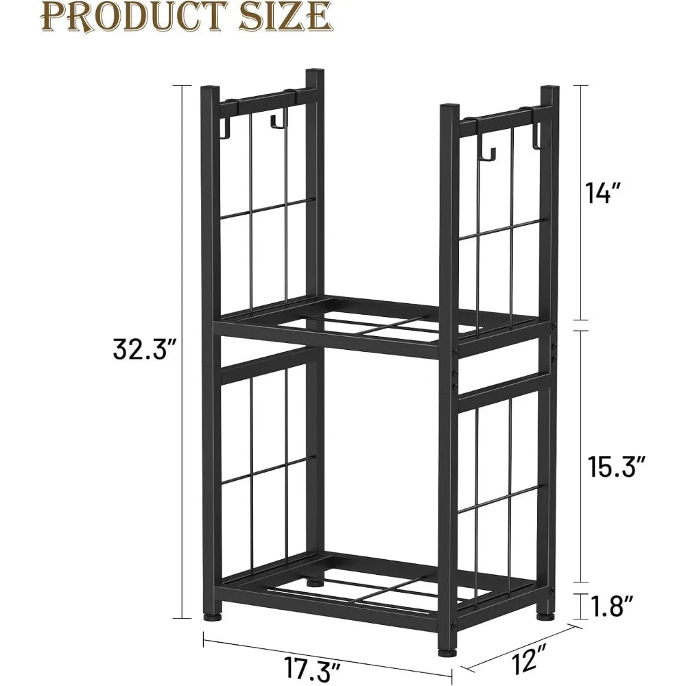 2-Tier Firewood Holder with 4 Hooks Heavy Duty Indoor Outdoor Rack for Fireplace, Fire Pits,Stoves Black Wood Storage Organizer