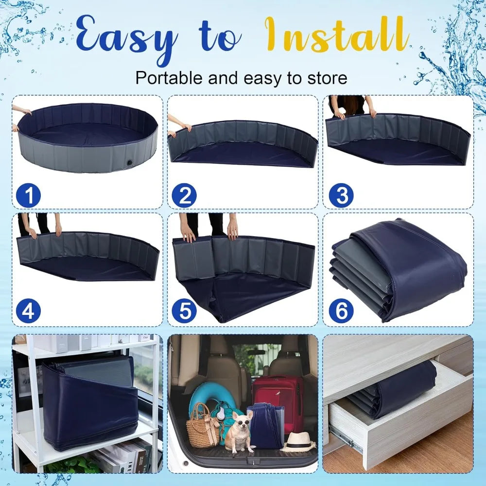 Foldable Dog Pool With Cover Portable Round Plastic Bath Tub