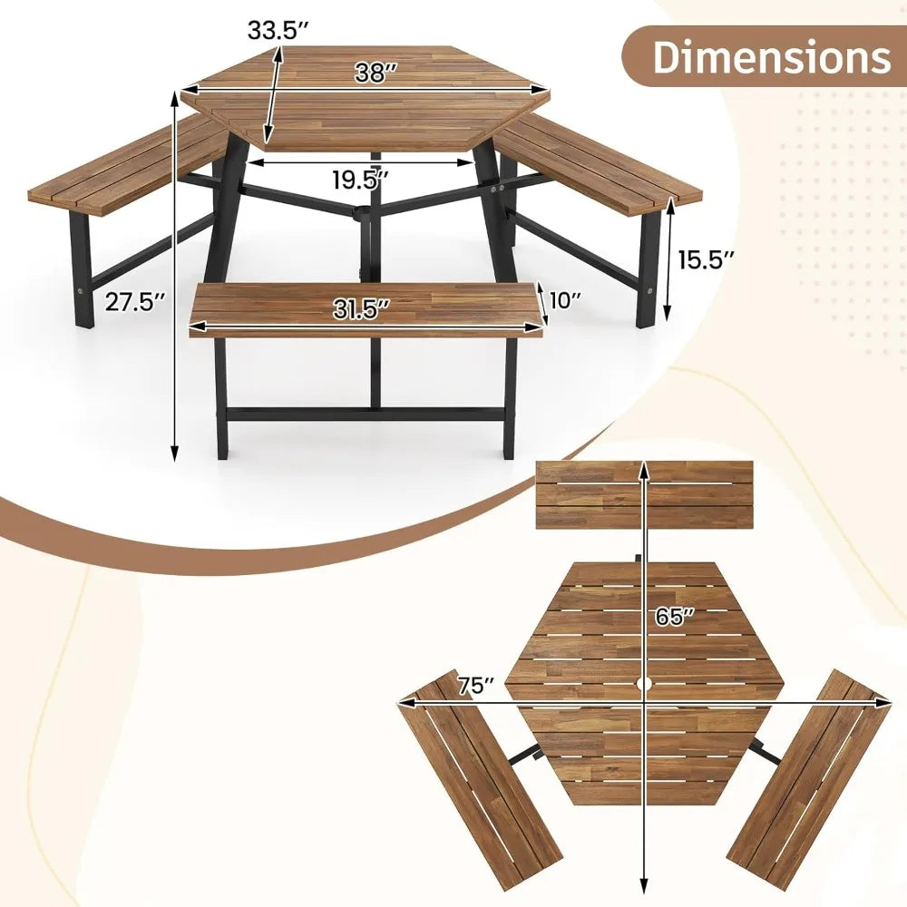 Acacia Wood Hexagonal Picnic Table With Built In Benches