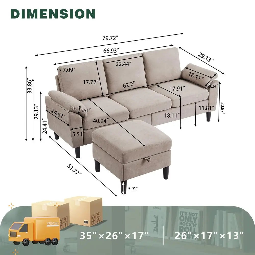 Convertible Sectional Sofa L Shaped 3 Seat Couch Storage Chaise