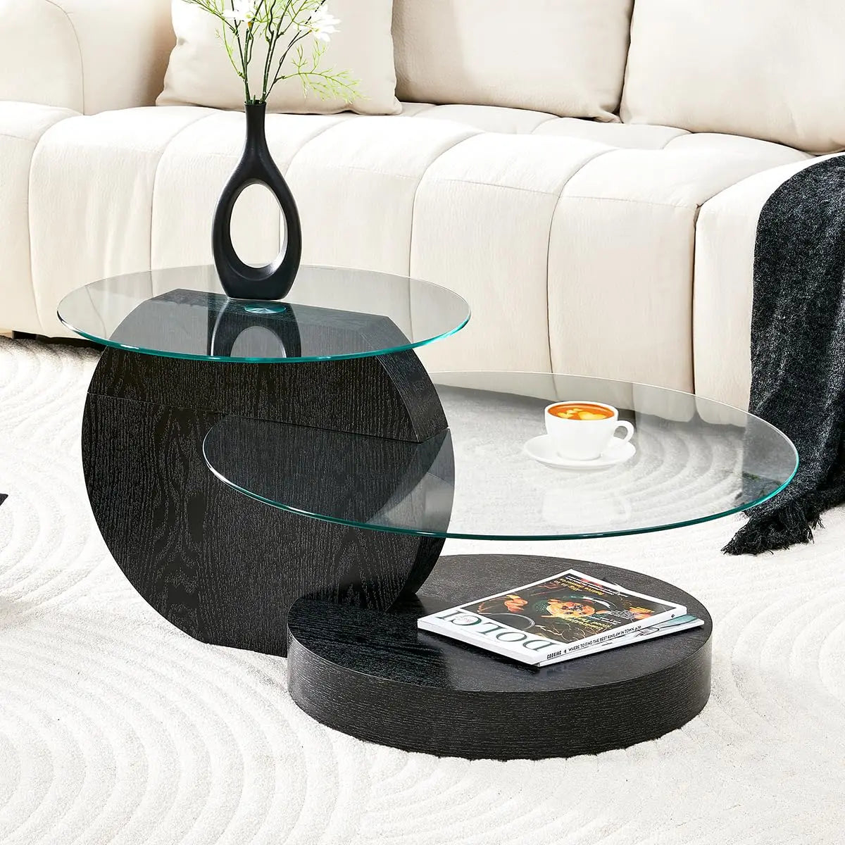 Tempered Glass Coffee Table With Three Tier Wood Base