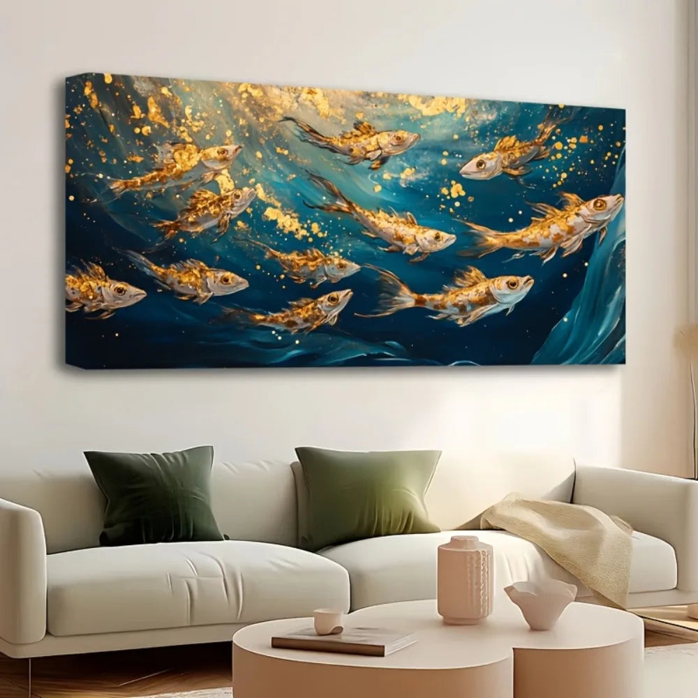 Abstract Ocean Goldfish Painting In Pine Wood Frame