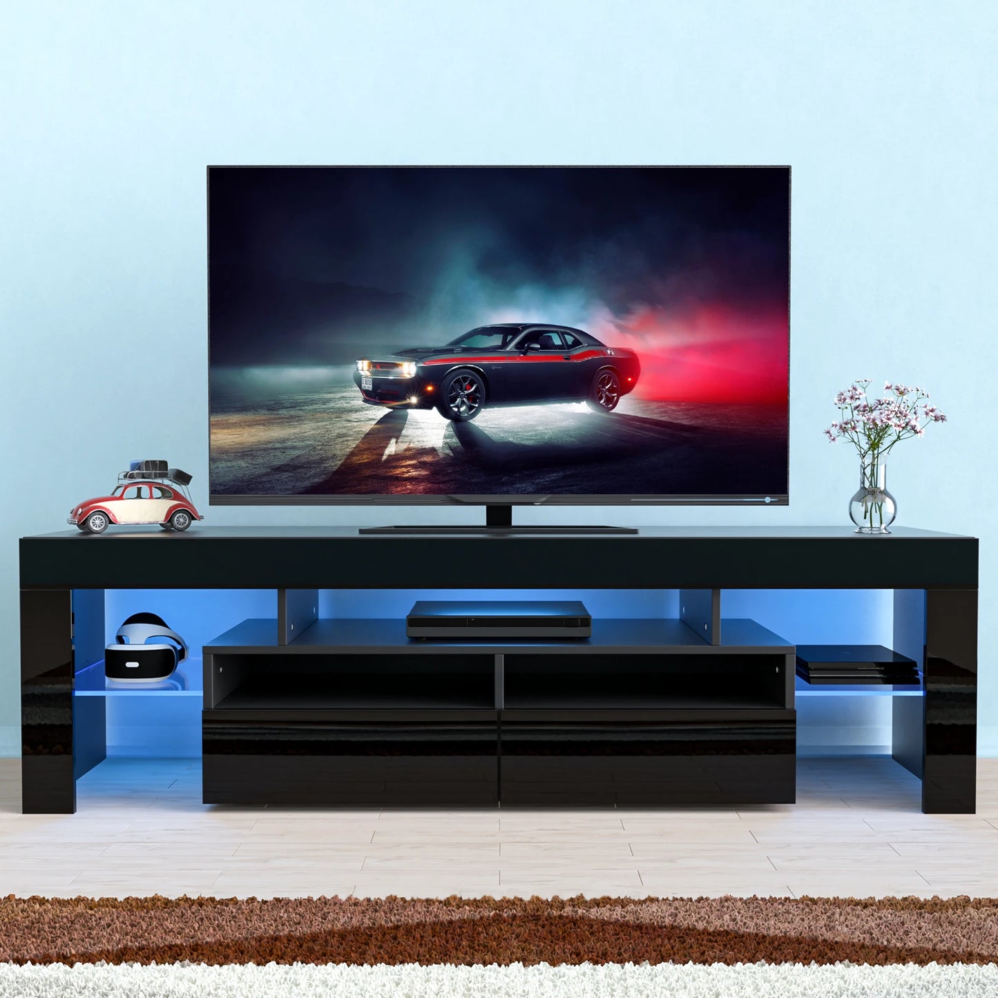 QiaoShiRen LED TV Stand With Storage Drawers Modern Black Cabinet