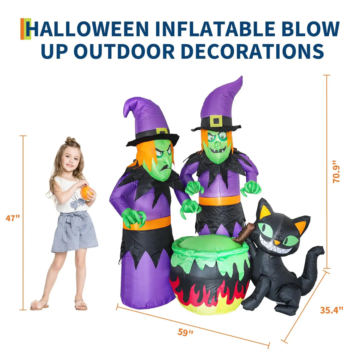 HiMISS Halloween Inflatable Witch Sisters And Black Cat Cauldron Decor