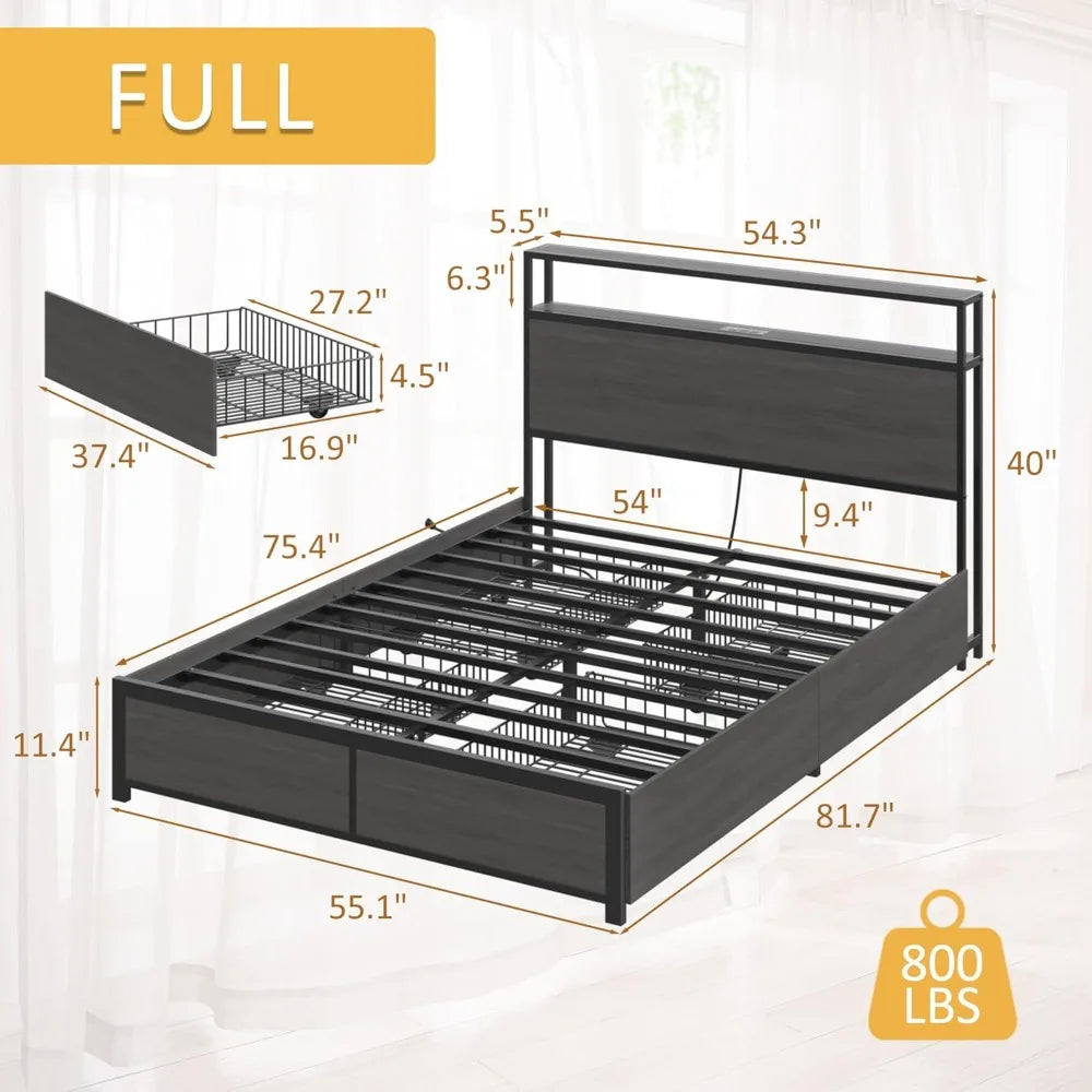 Full Bed Frame With 4 Drawers And Storage Headboard LED