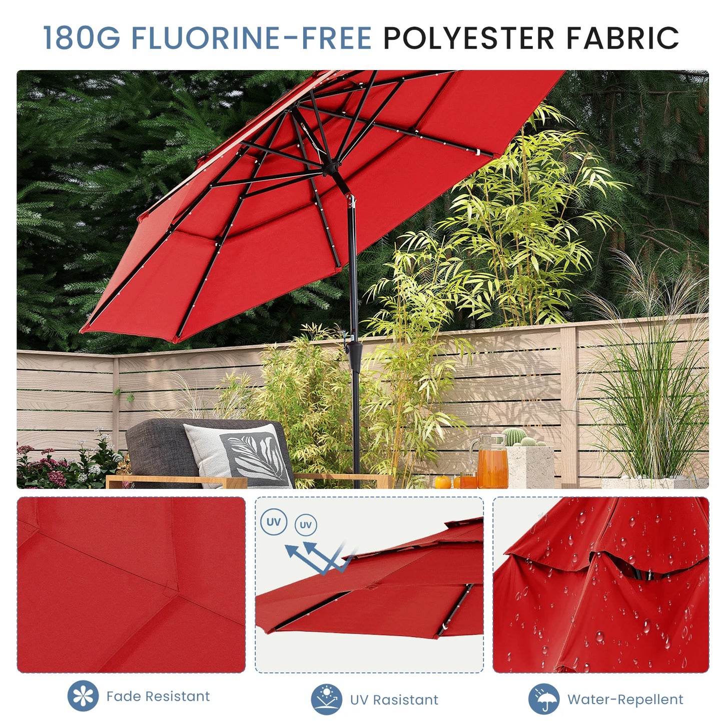 JHK Outdoor Solar Patio Umbrella With LED Lights And Tilt