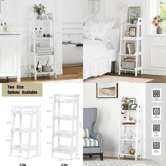 White 4-Tier Ladder Style Freestanding Bathroom Shelf with Open Wood Shelves for Space Saving