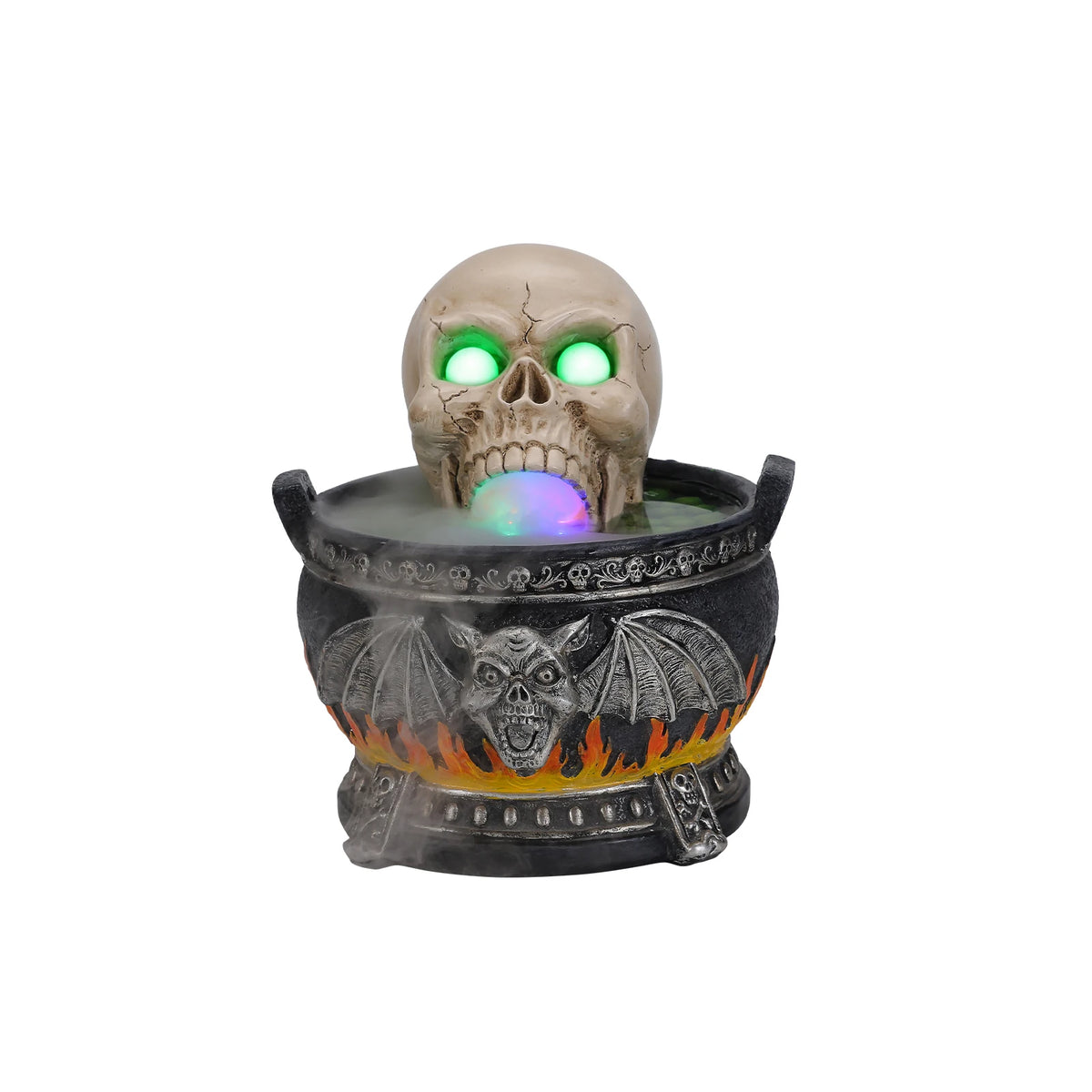 Halloween Skull Cauldron Statue With LED Light And Fog Effect