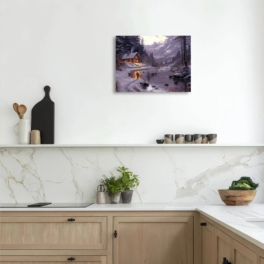 Winter Cabin River View Wall Mural With Pine Frame