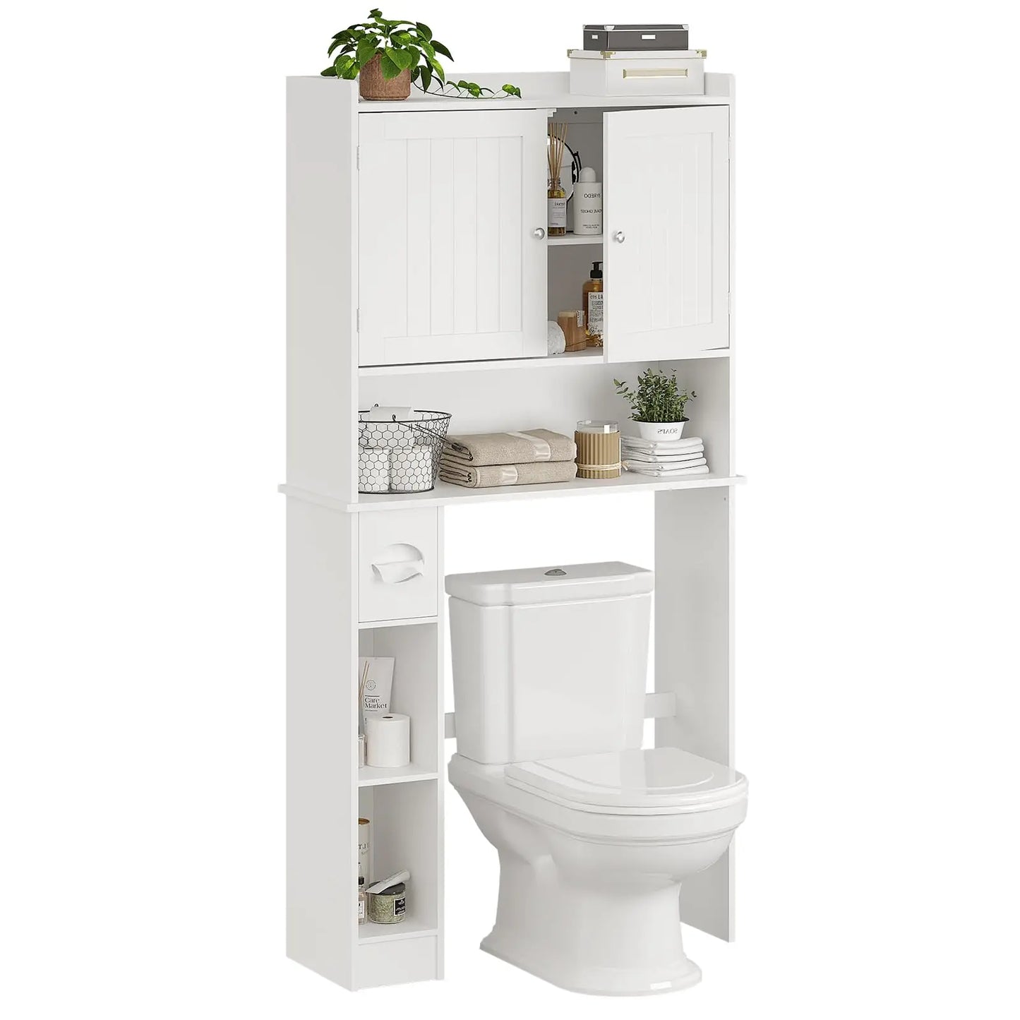 Barn Door Over Toilet Storage Cabinet, Adjustable Shelves & TP Holder, Freestanding Bathroom Organizer, Space Saver