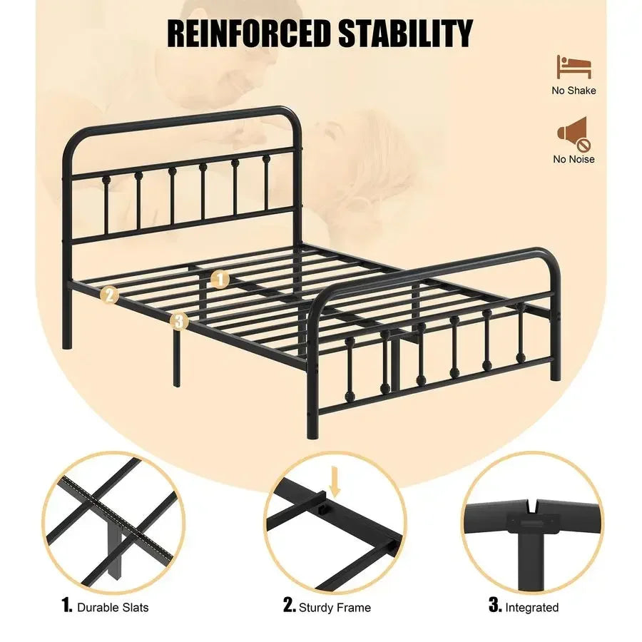 Full Size Metal Platform Bed Frame with Headboard amp Footboard, Steel Slat Mattress Foundation, Under Bed Storage, NoiseFree,