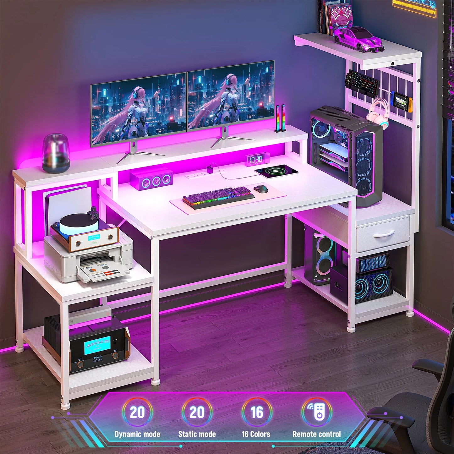 EnHomee 55 Inch Gaming Desk With Power Outlets And Storage
