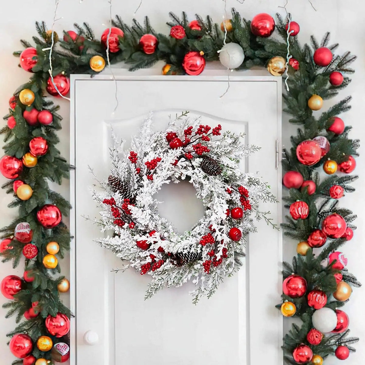 Snow Flocked Christmas Pine Wreath With Red Berries And Pinecones