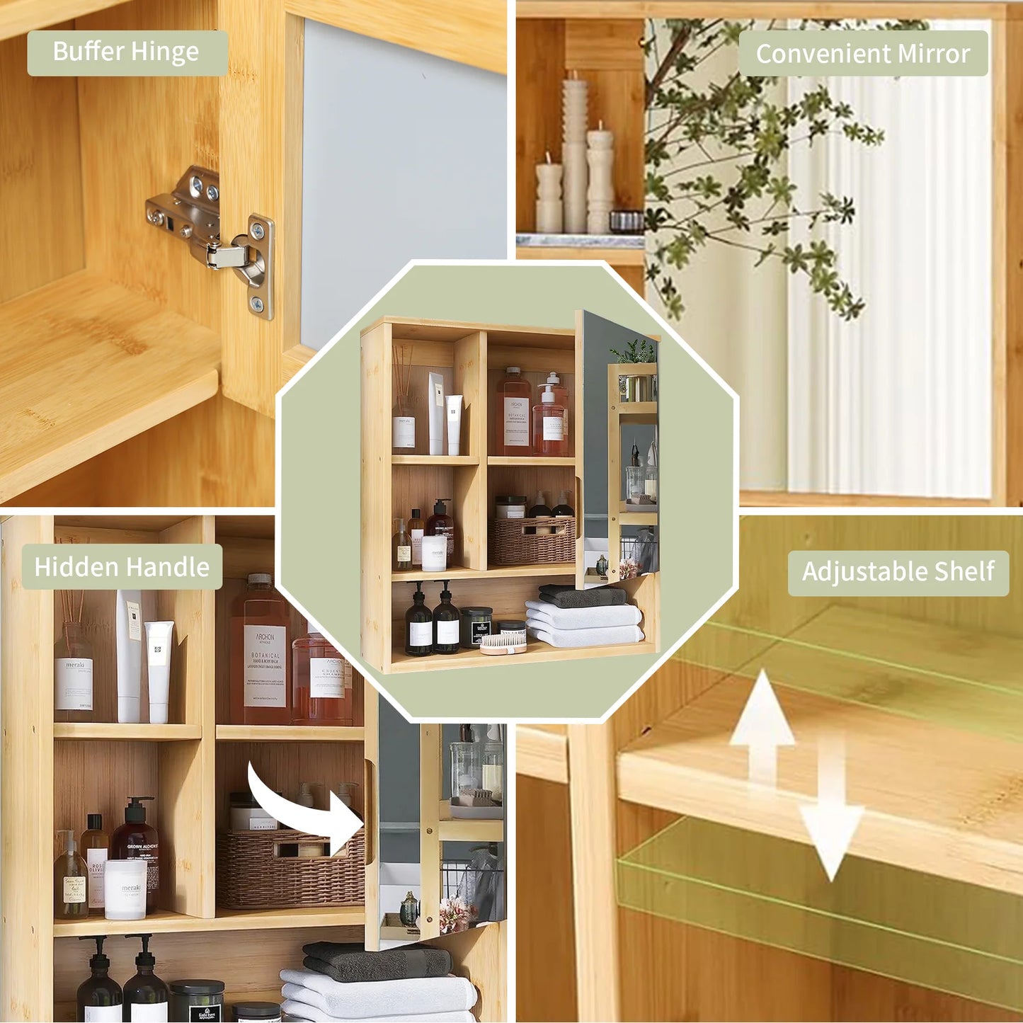 Natural Bamboo Wall Cabinet With Five Tier Open Storage