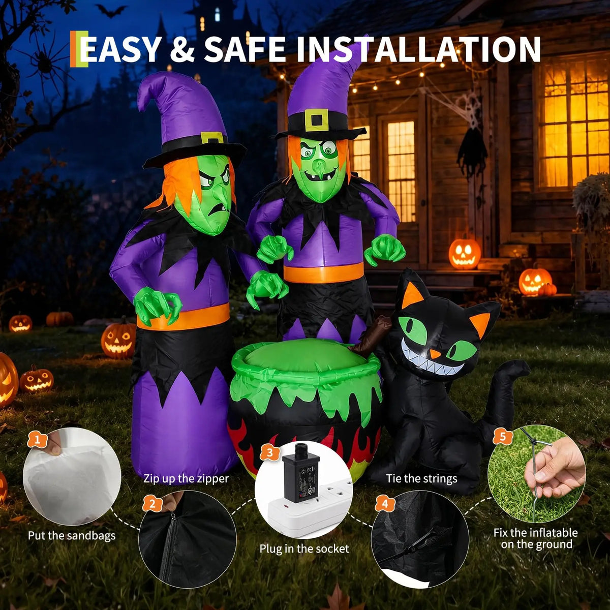 HiMISS Halloween Inflatable Witch Sisters And Black Cat Cauldron Decor