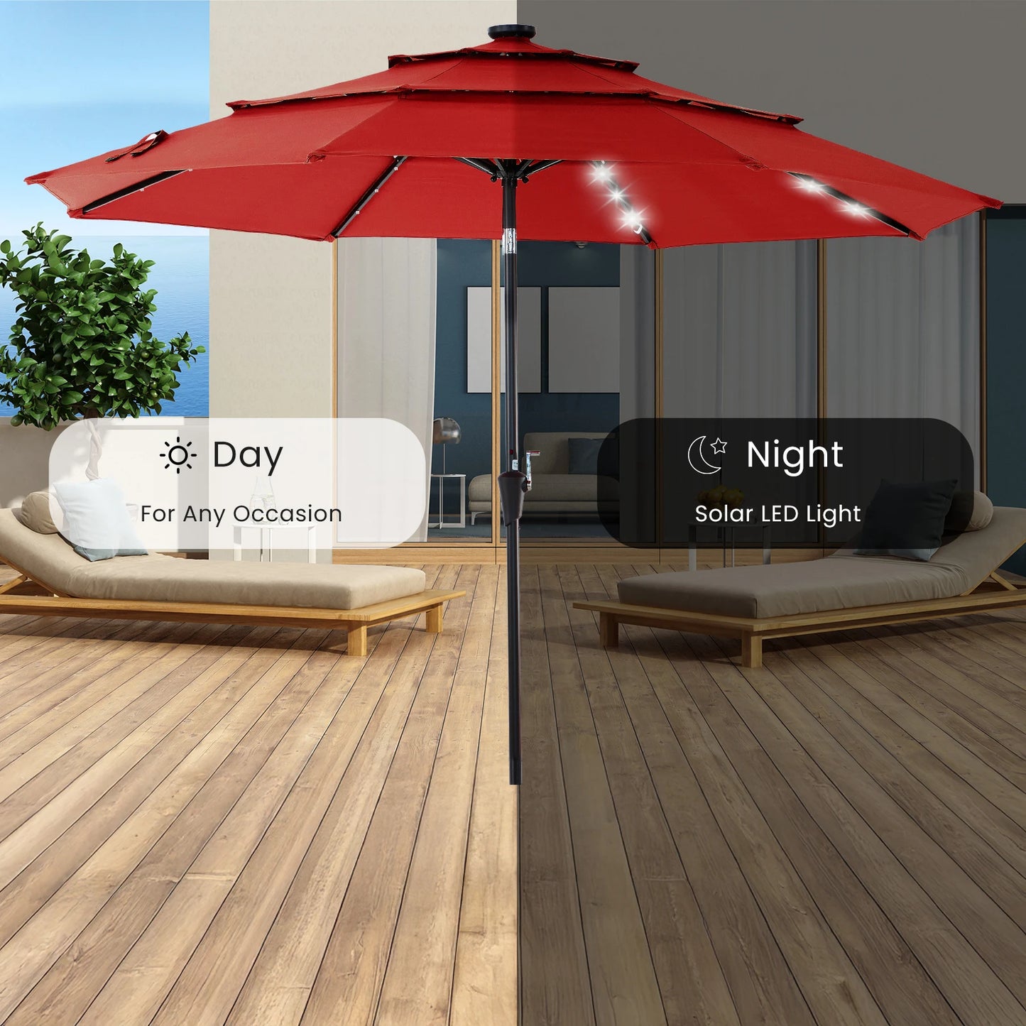 JHK Outdoor Solar Patio Umbrella With LED Lights And Tilt