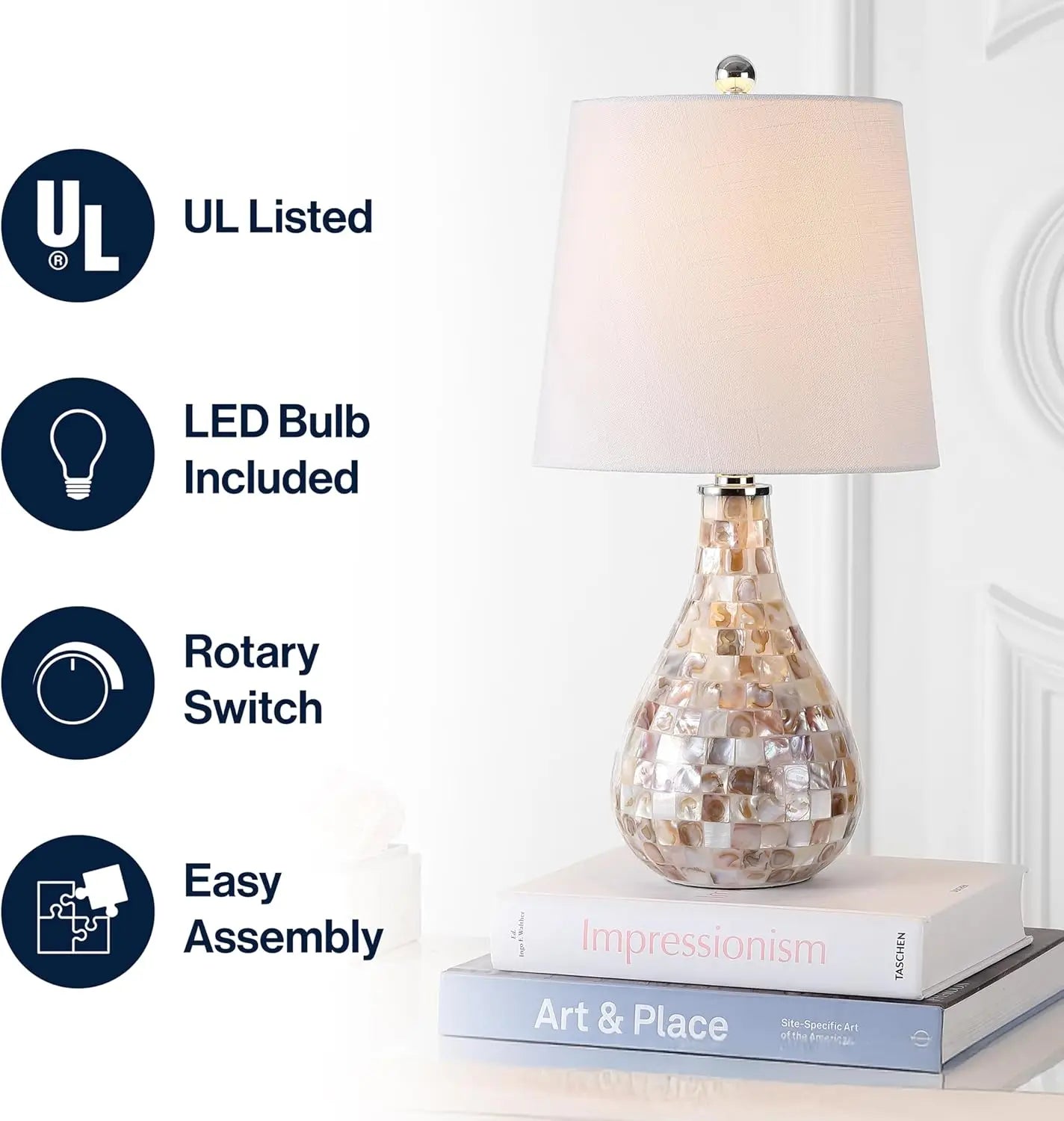 Seashell Coastal Mini LED Table Lamp With Linen Drum Shade