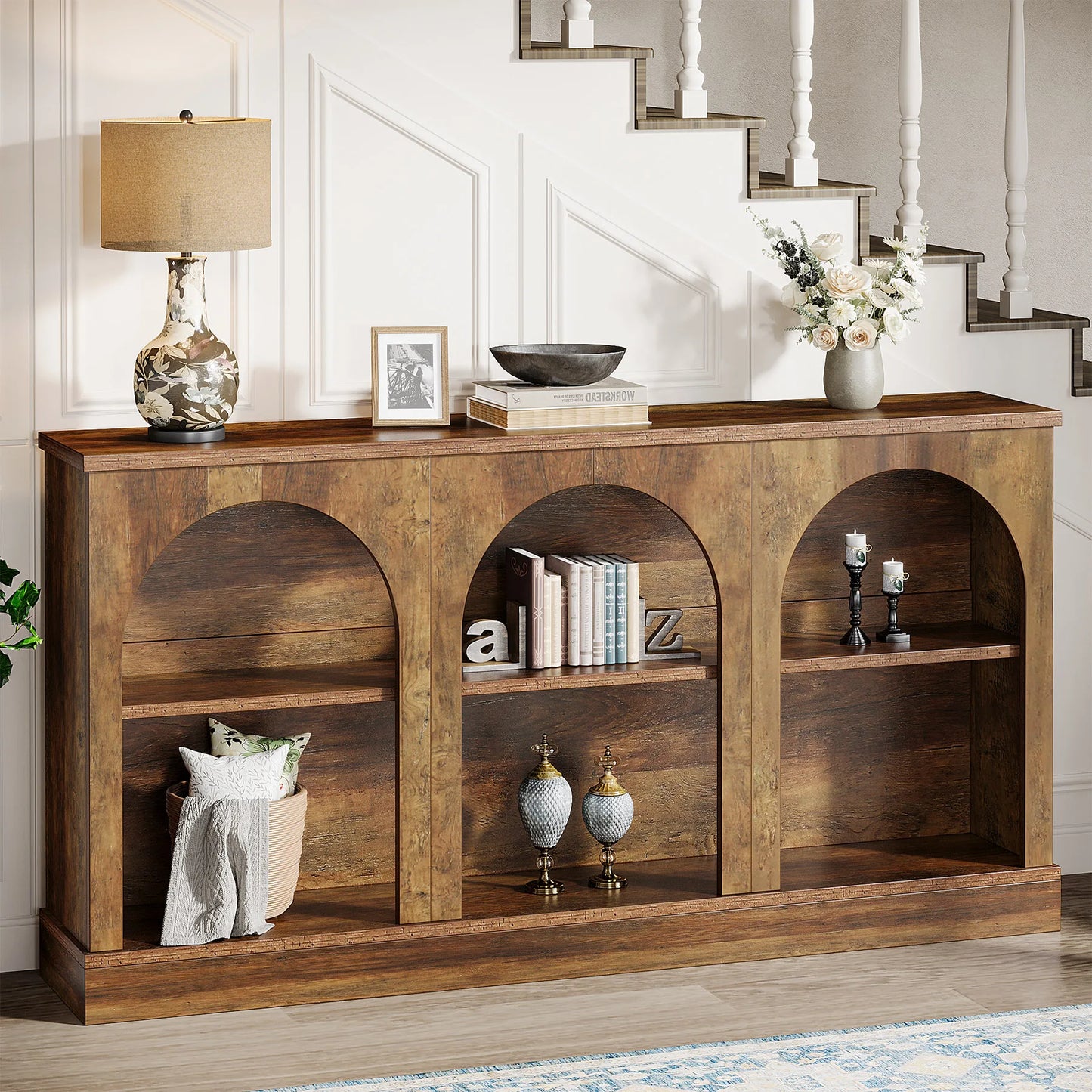 Tribesigns Farmhouse Console Table With 3 Tier Storage Wooden Design