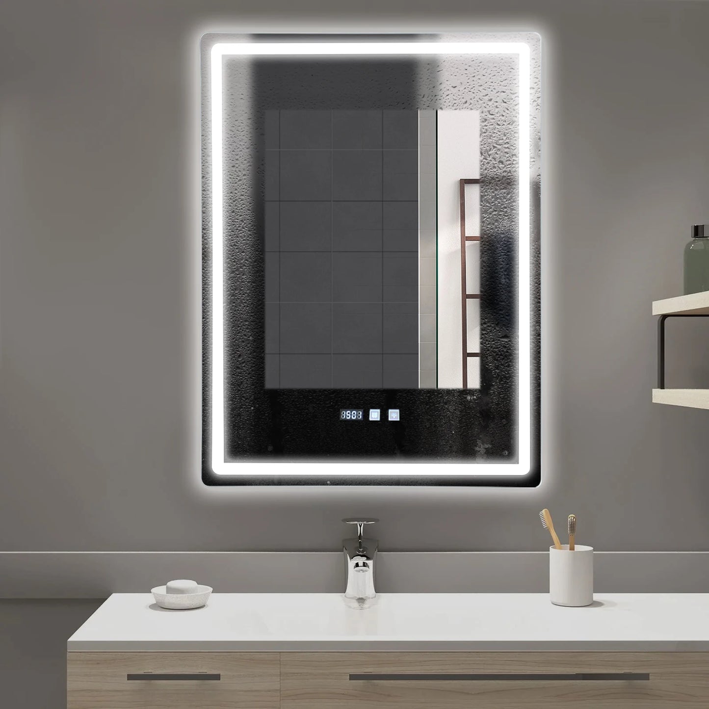 Led Wall Mounted Bathroom Mirror With Anti Fog Time Display