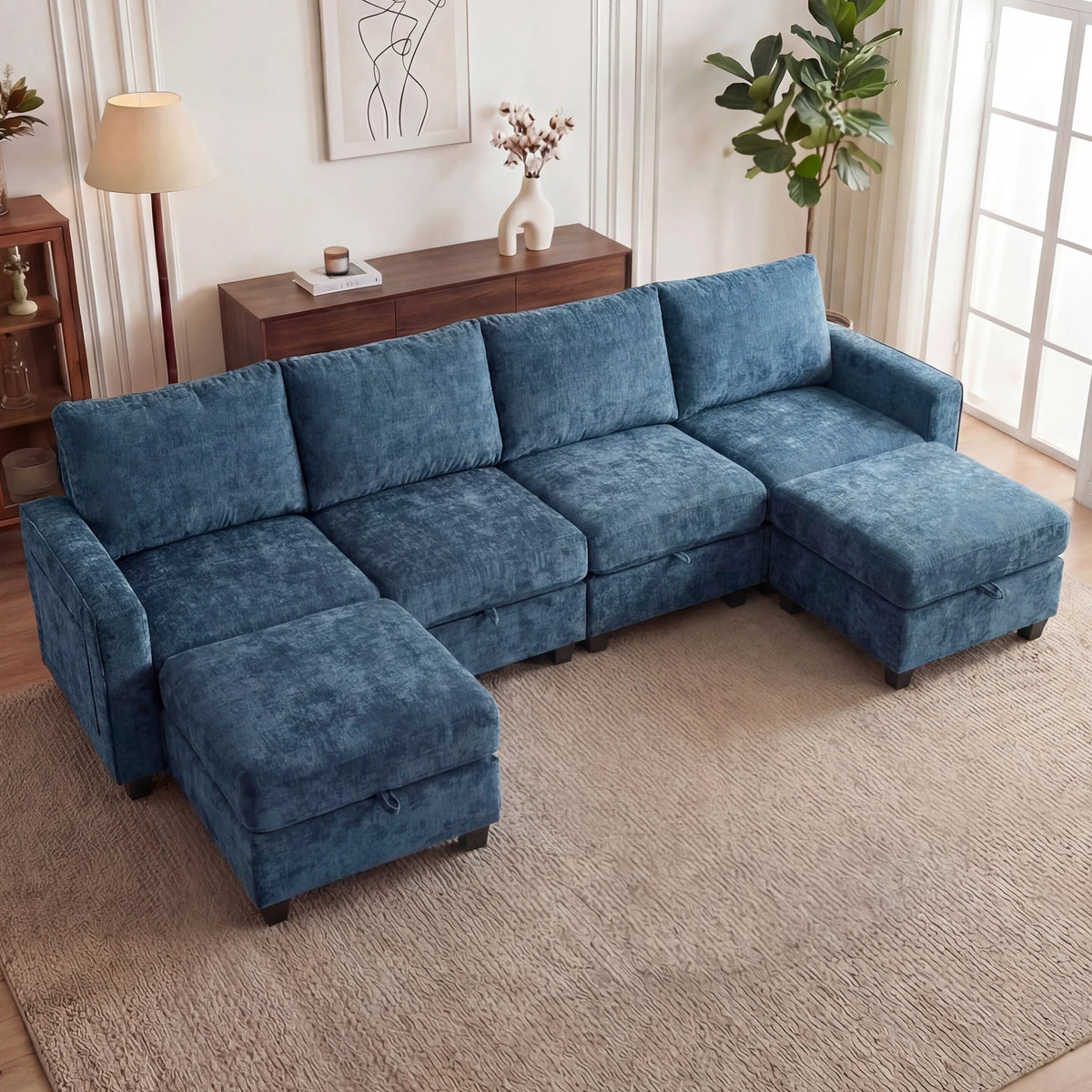 U Shaped Modular Sectional Sofa With Integrated Storage Ottoman