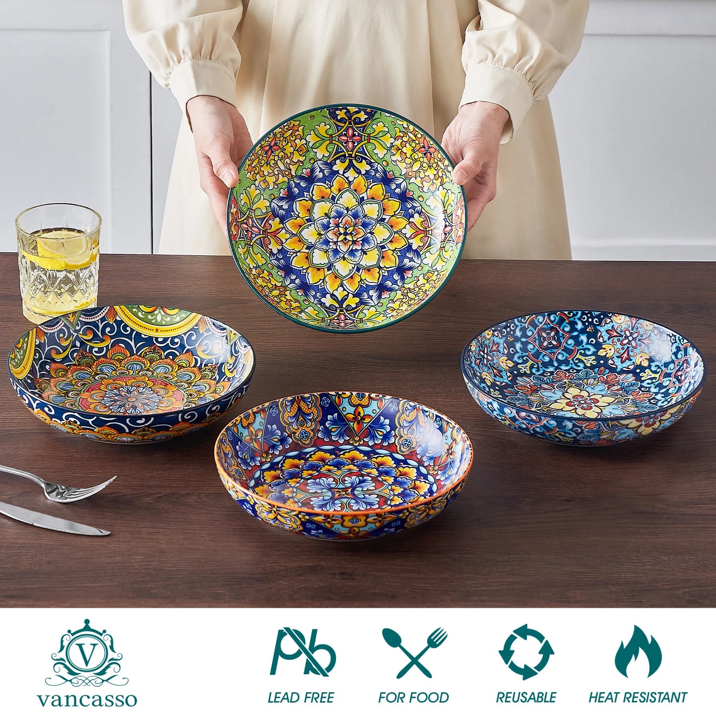 MALACASA Ceramic Bowls Set 4 Piece Pasta Soup Bowls Dishwasher Safe