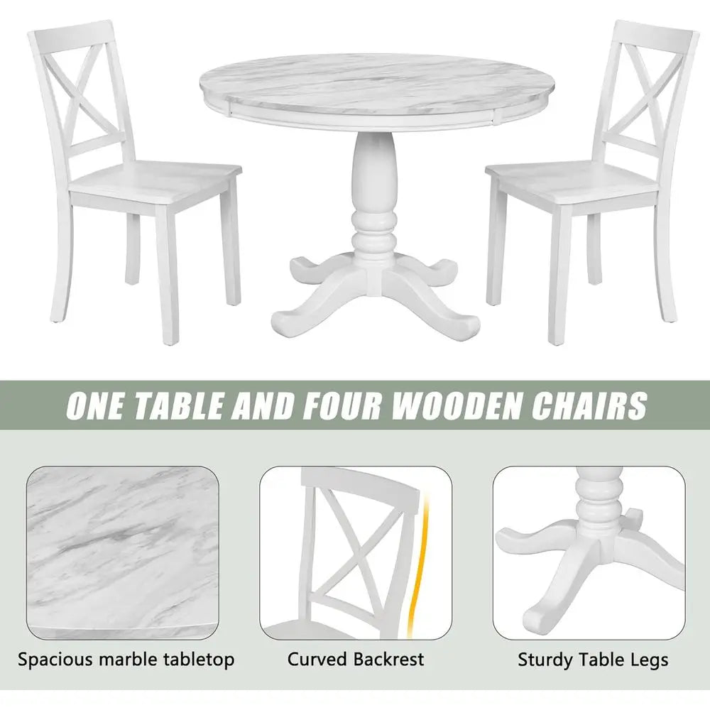 Round Dining Set for 5 with Marble Table and Chairs