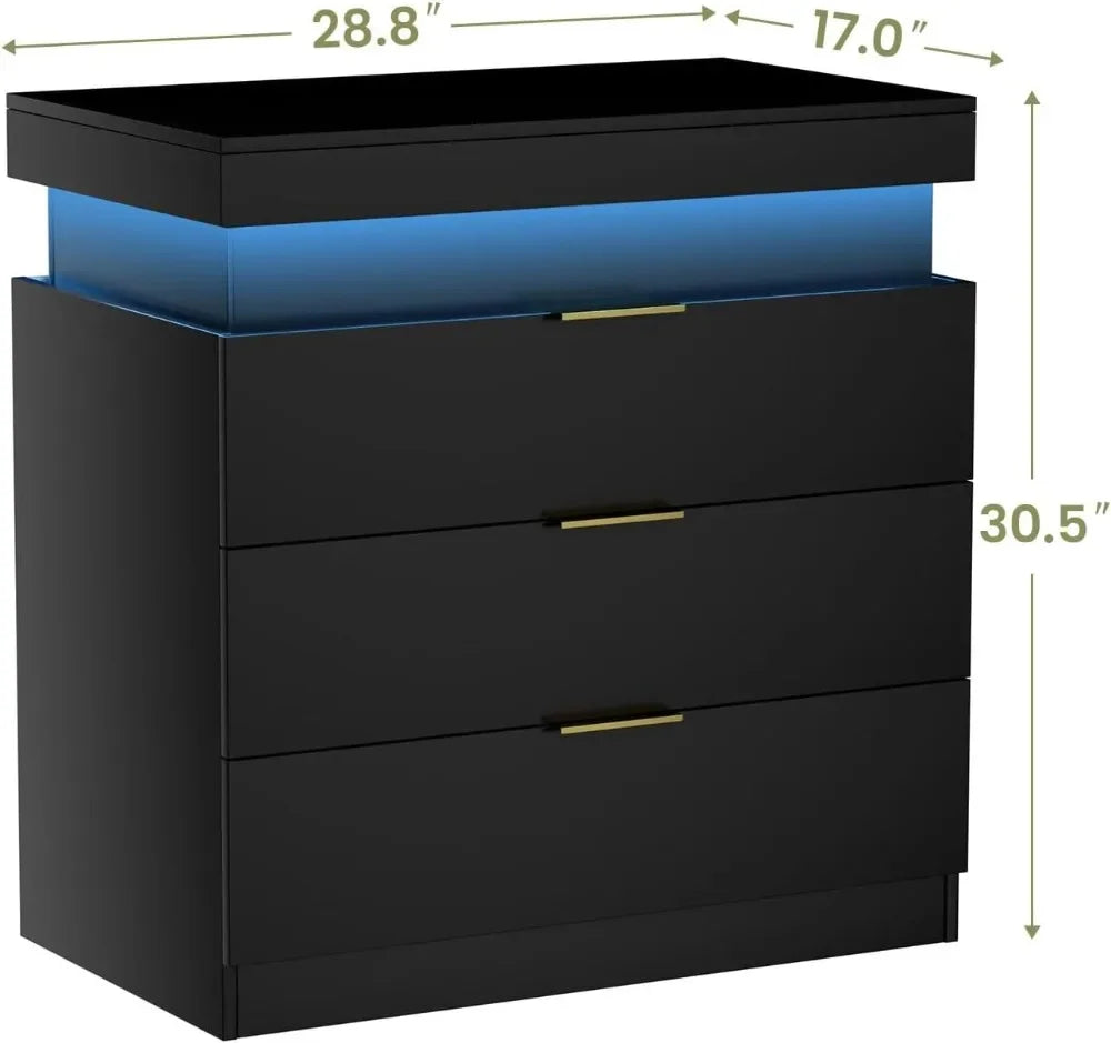 Nightstand With LED Lighting And Charging Station, Sliding Top, Three-Drawer