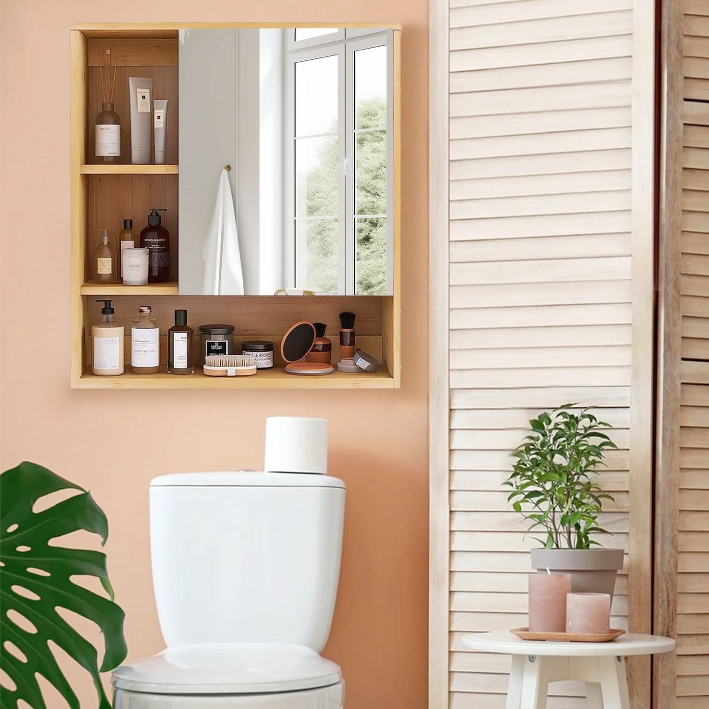 Natural Bamboo Wall Cabinet With Five Tier Open Storage