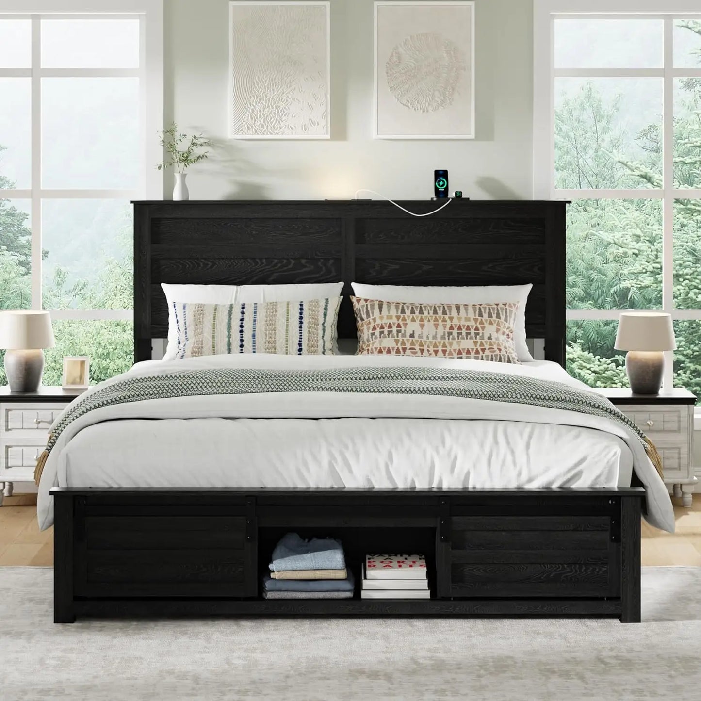 Bed Frame With Wooden Headboard And Sliding Barn Door Footboard