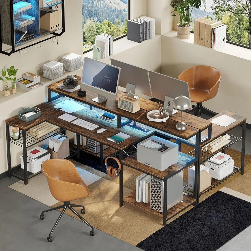 Rustic Brown Computer Desk With Power Outlets And Adjustable Features