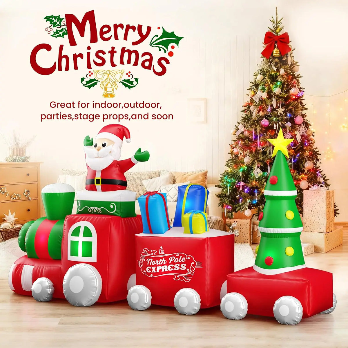 Giant Christmas Inflatable Santa Train With Lights And Holiday Characters