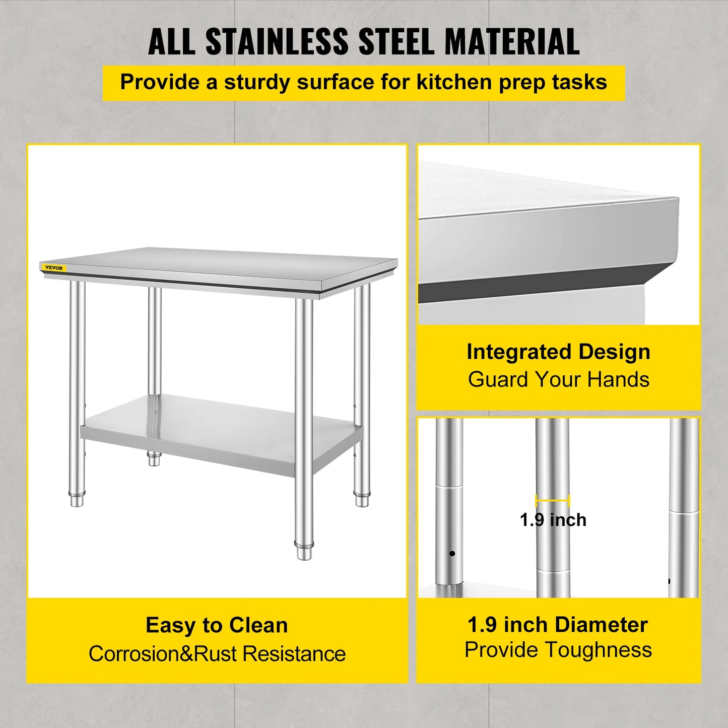 VEVOR Kitchen Work Bench Commercial Catering Table Worktable with Undershelf Stainless Steel 330LBS 286LBS for Restaurant Garage