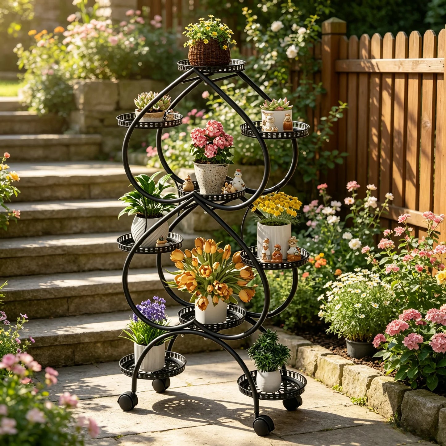 Metal Plant Stand On Wheels With Nine Pots