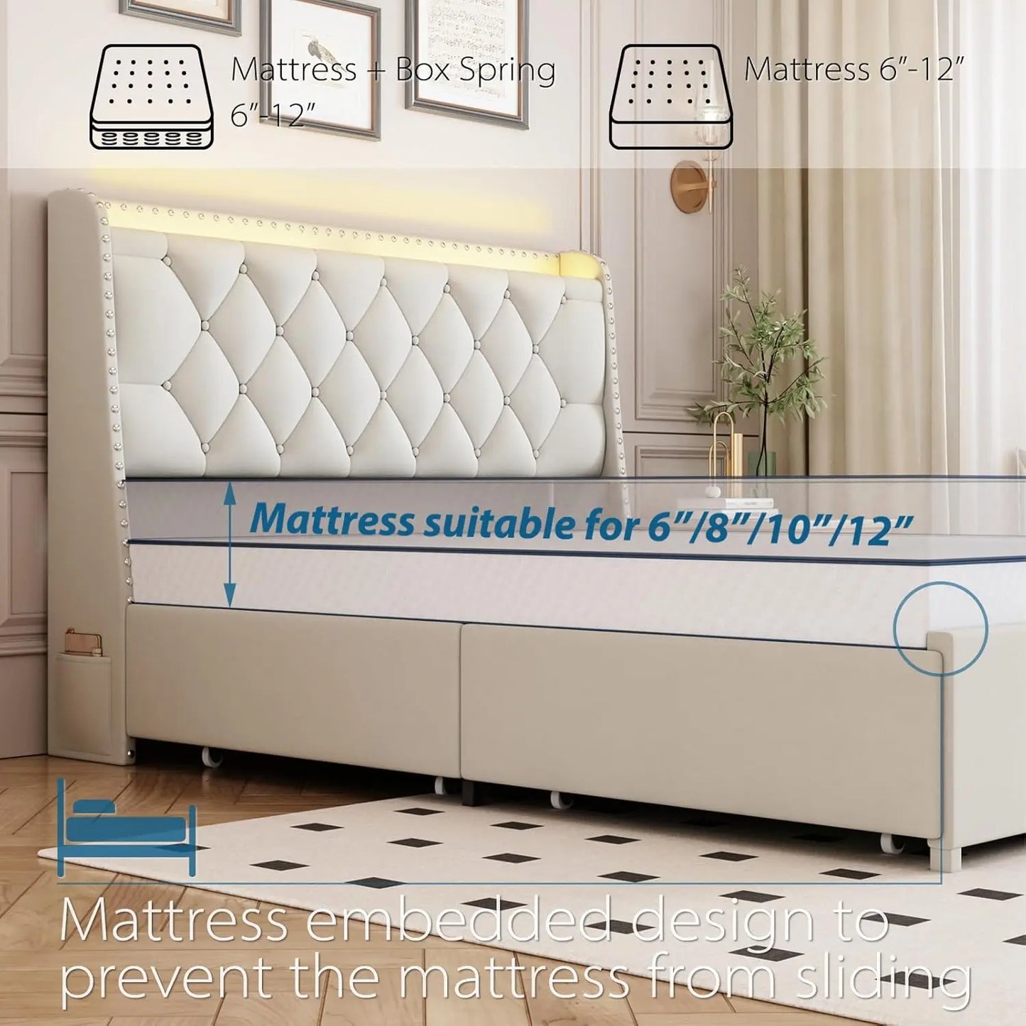 Bed Frame With 4 Drawers Storage Headboard LED Lights USB