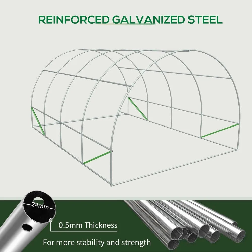 20' x 10' x 7' Walk-in Tunnel Greenhouse with Zippered Door & 8 Mesh Windows, Large Garden Green House Kit, Galvanized