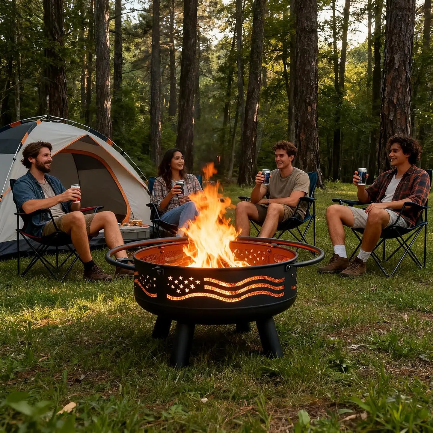 American Flag Fire Pit With Mesh Cover And Poker For Patio