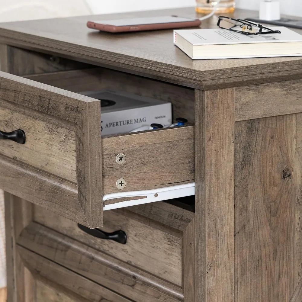 Farmhouse Nightstand With USB Charging Station And Three Drawers