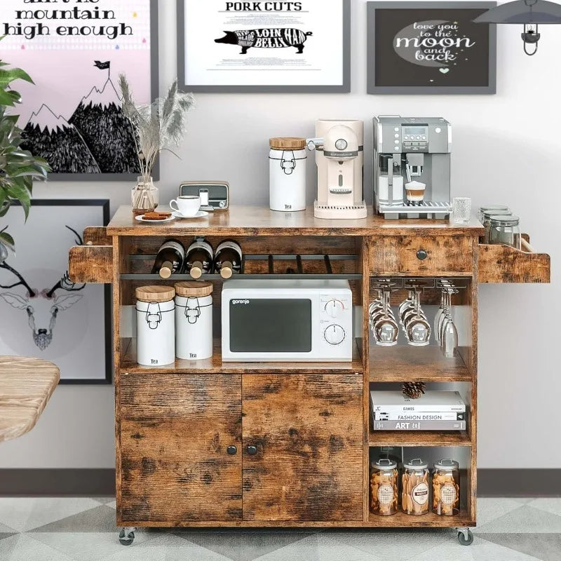 8-in-1 Rolling Kitchen Cart, Drop-Leaf Island with Wine & Spice Racks, Vintage Brown