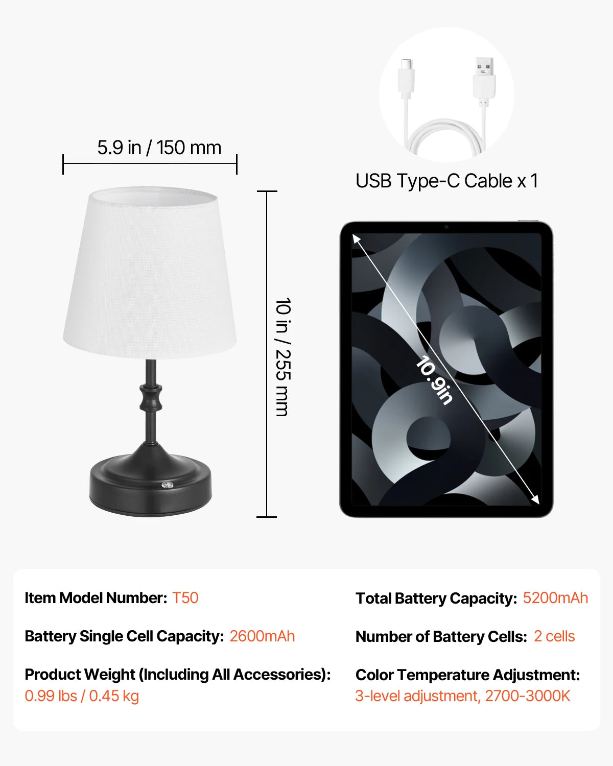 SucceBuy Cordless Table Lamp 5200mAh Rechargeable Battery 3 Brightness Levels
