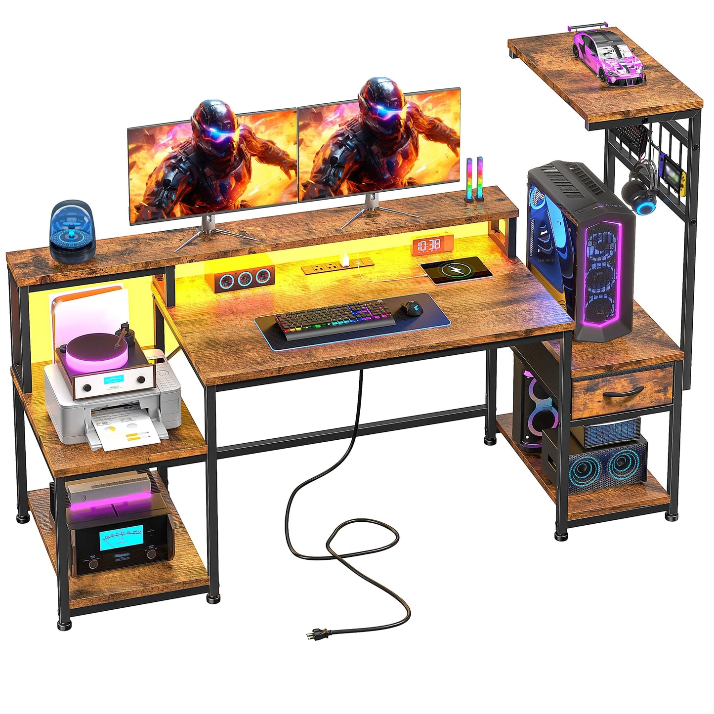 EnHomee 55 Inch Gaming Desk With Power Outlets And Storage
