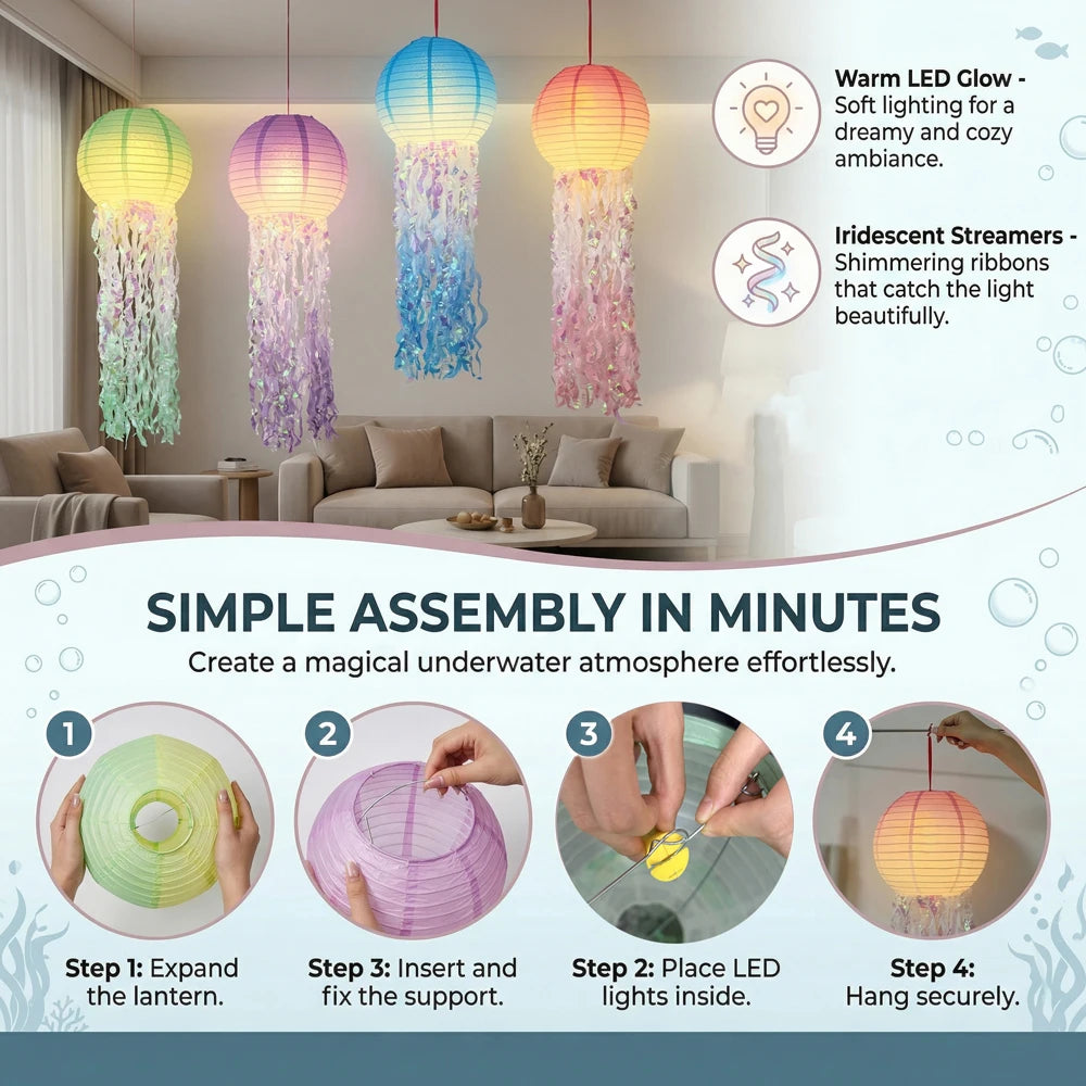 LED Jellyfish Paper Lanterns With Iridescent Tassels For Ocean Parties