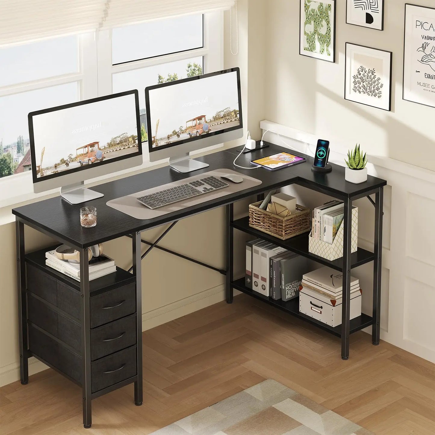 JHK L Shaped Computer Desk with Drawers And Power Outlet