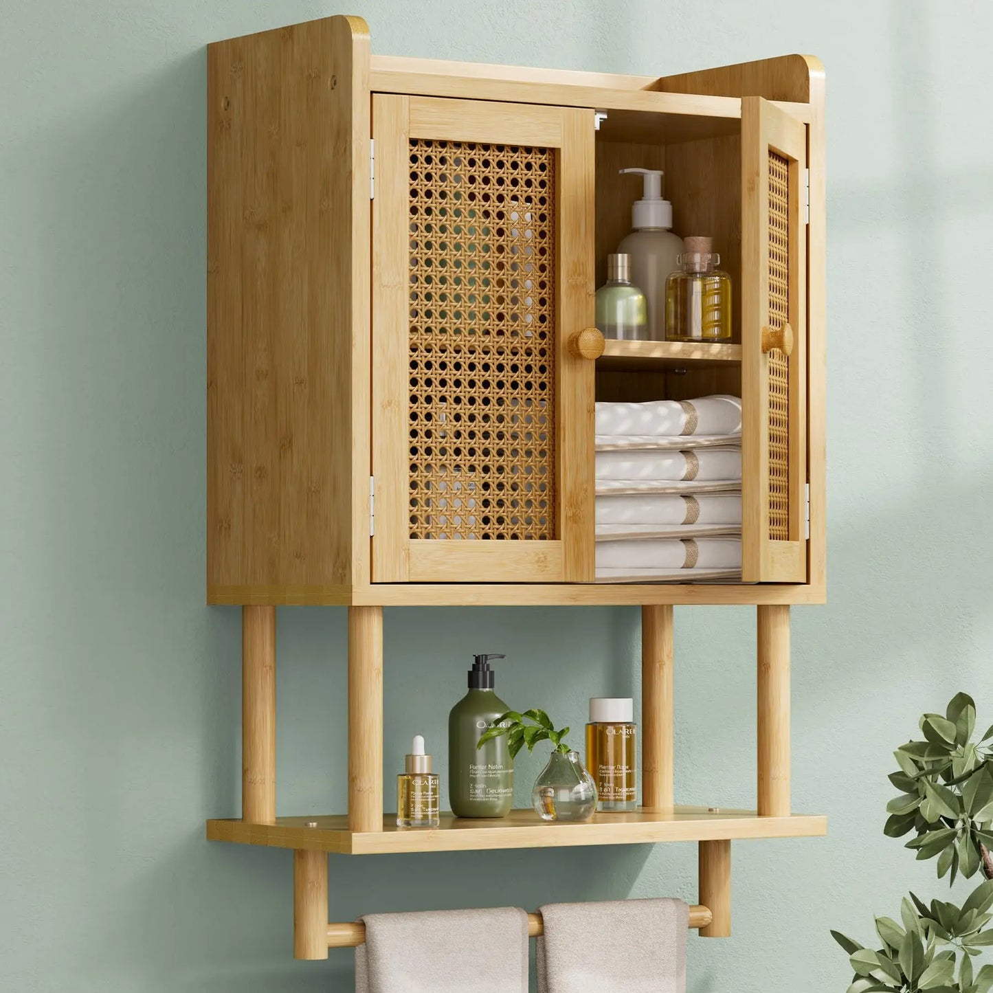 XIUWO Bamboo Bathroom Wall Cabinet With Towel Bar And Storage