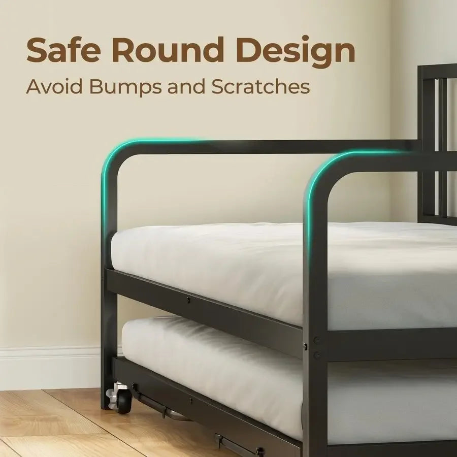 Daybed with Charging Station and LED Lights, Height Adjustable Twin Daybed with Trundle, Metal Sofa Bed Frame with Steel Slat S