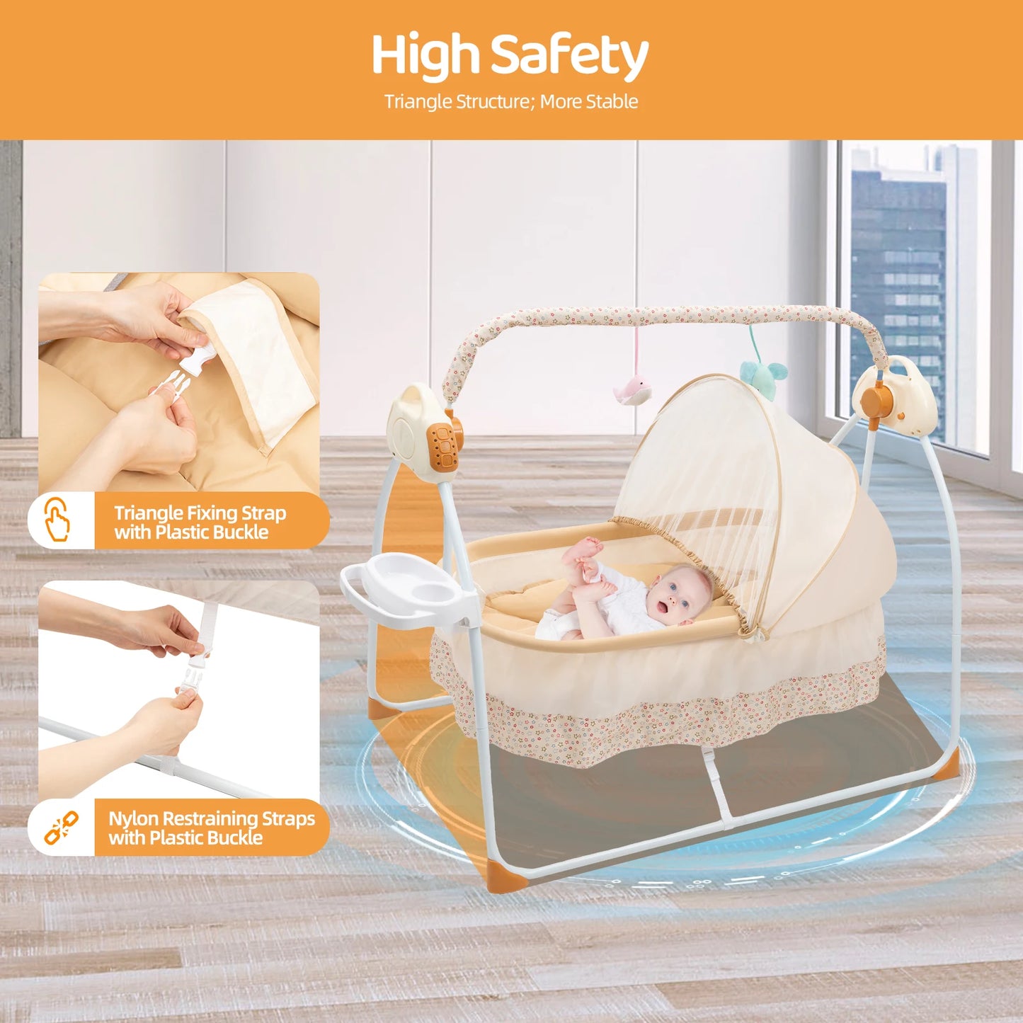 Foldable Electric Baby Cradle Swing With Remote Control Bluetooth Music