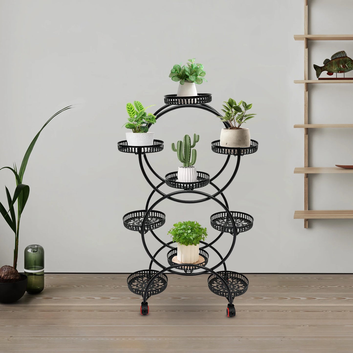 6-Tier 9-Pot Metal Plant Stand 148LBS Total Load 360° Universal Wheels Hollow Tray For Indoor Outdoor Patio Garden
