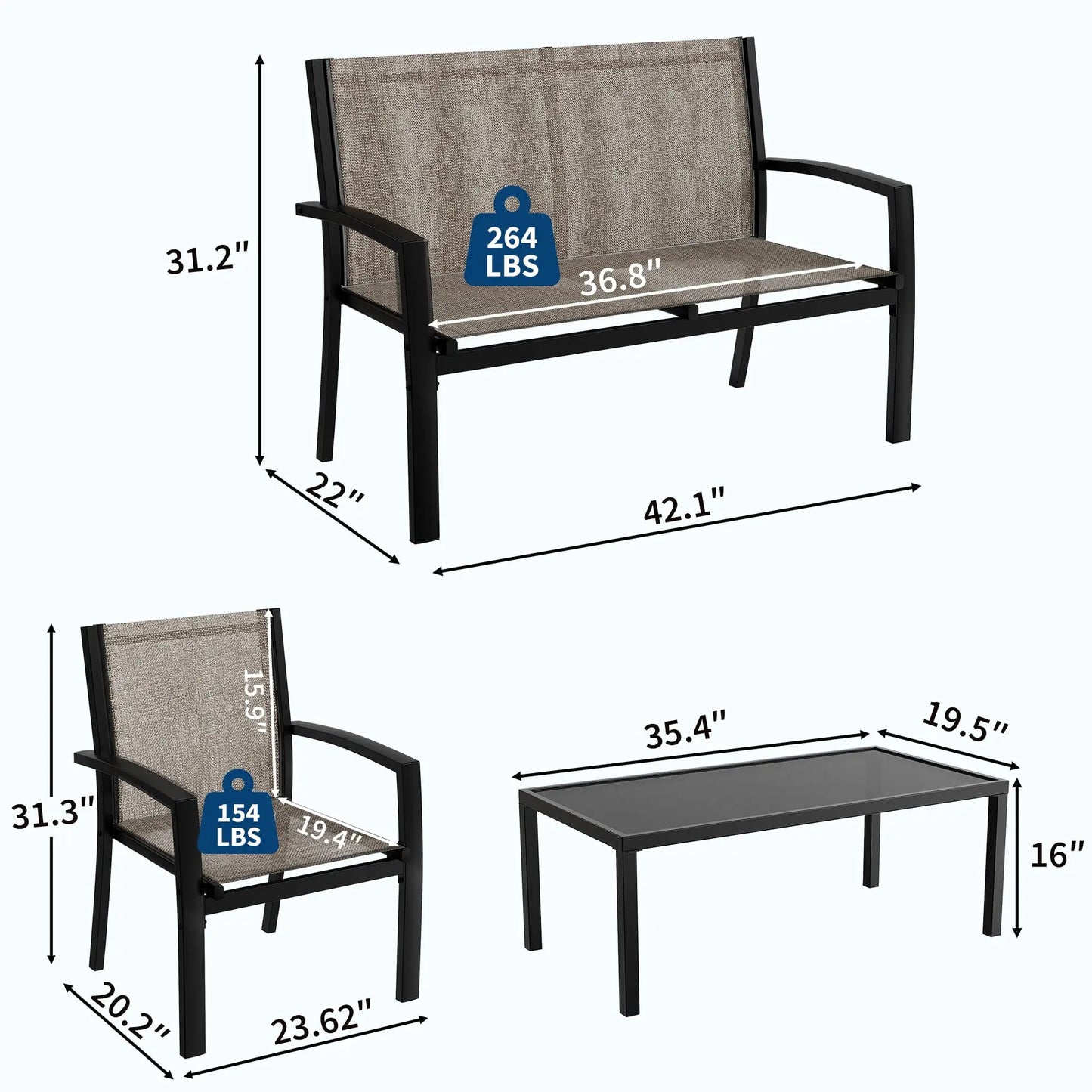 HobbyLane Modern 4 Piece Metal Patio Set With Mesh Seating