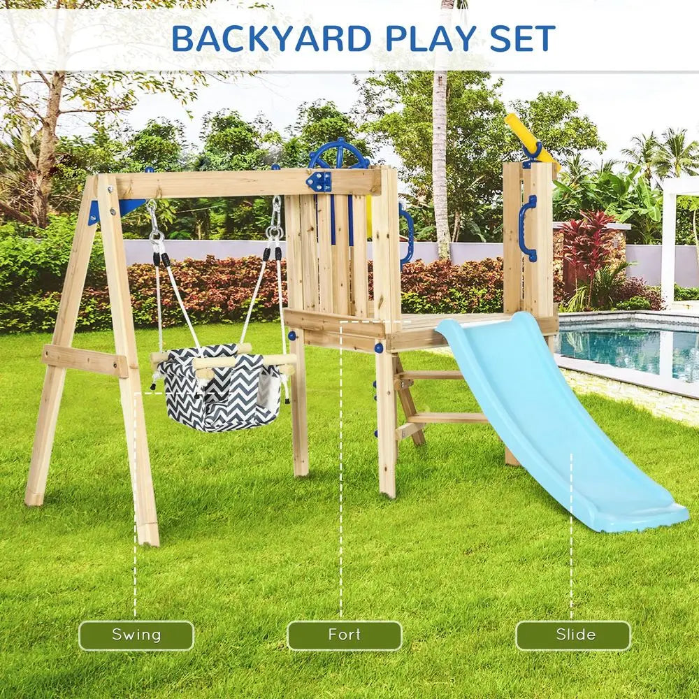YTYIN Backyard Swing Set With Slide And Fort Toddler Playset
