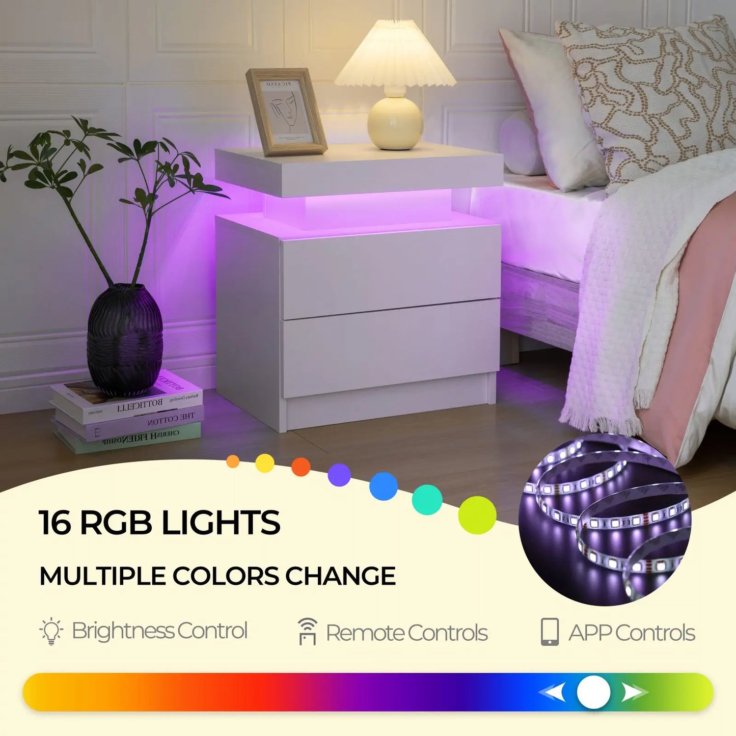 Cubehom LED Nightstand With Two Drawers And RGB Lighting