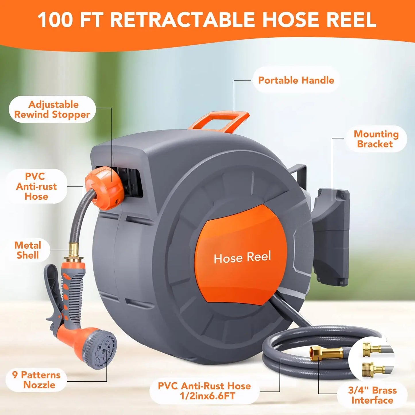 Retractable Garden Hose Reel 1/2 In x 100 FT Wall Mounted Water Hose Reels for Outside 180° Swivel Bracket & Any Length Lock